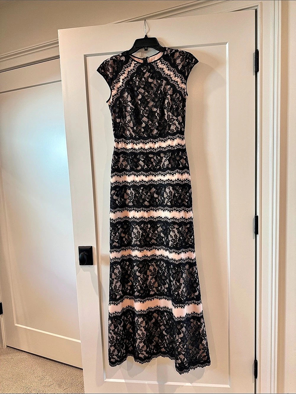 Tadashi Shoji Corded Lace Cap Sleeve Gown Black & Pink XS